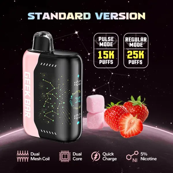 Sweet strawberry lollipop candy flavor with smooth finish — 진한 딸기 캔디 단맛과 깔끔한 베이핑을 느낄 수 있는 Geek Bar Pulse X Strawberry B Pop 5% 디바이스.
