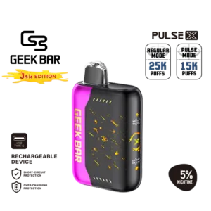 긱바 펄스 X 라즈베리잼 5% 일회용 전자담배 – 3D 곡면 LED 스크린이 탑재된 세련된 블랙과 레드 디자인으로, 풍부한 라즈베리잼 맛을 최대 25,000회까지 제공합니다.