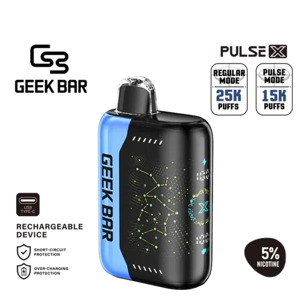 Fun candy-style blue vape for daily use — 달콤하고 톡 쏘는 블루 캔디 맛을 담은 Geek Bar Pulse X Blue Rancher 디바이스 이미지.