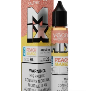 Tropical peach mango ice salt nicotine with clean cooling — 열대 과일 풍미와 산뜻한 쿨링이 조화를 이루는 VGOD 아이스 피치 망고 제품 이미지.
