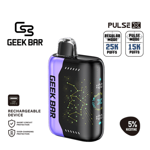 Rich blackberry candy pop flavor with sweet–tart balance — 진한 블랙베리 캔디 단맛과 새콤한 포인트를 느낄 수 있는 Geek Bar Pulse X Blackberry Blow Pop 5% 디바이스.