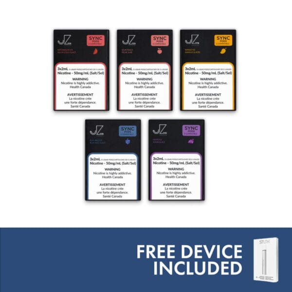 Multi-flavor STLTH pod bundle with free device — 여러 포드 팩과 함께 구성된 JZ Premium 번들팩 박스 이미지.