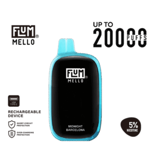 FLUM Mello 20k Midnight Barcelona soda blend profile — 스파클한 풍미와 균형 잡힌 출력이 특징인 FLUM Mello 베이프.