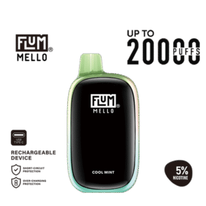Fresh mint inhale with dry clean exhale — 산뜻한 민트 흡입과 드라이한 마무리가 강조된 FLUM Mello 20k Cool Mint 제품 이미지.