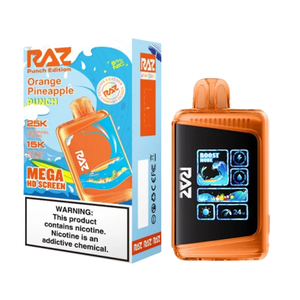 RAZ 펀치 에디션 오렌지 파인애플 5% 솔트 니코틴 일회용 전자담배 | 최대 25,000 퍼프 | MEGA HD 스크린 | 부스트 모드 | 고농도 니코틴 디바이스