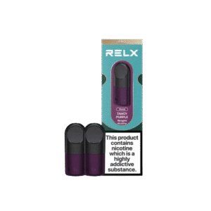 Chewy grape candy flavor softened by clear cool exhale — 퍼플 캔디 일러스트와 쿨 디자인이 어우러진 Tangy Purple 패키지 이미지.