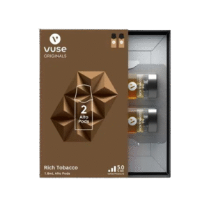 Dark, roasted tobacco tone — 짙은 브라운 컬러와 클래식 감성을 담은 Vuse Alto Rich Tobacco 포드 이미지.