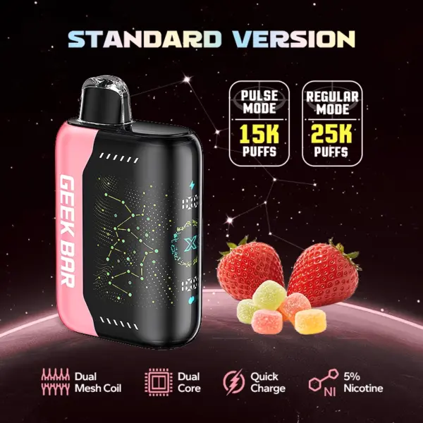 Playful candy sour vape image — 과하지 않은 사워 톤과 캔디 단맛의 대비가 돋보이는 Geek Bar Pulse X 사워 스트로우 제품 이미지.