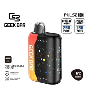 Geek Bar Pulse X Orange Dragon flavor profile — 오렌지 중심 블렌드와 안정적인 출력 밸런스를 보여주는 Pulse X 디바이스.