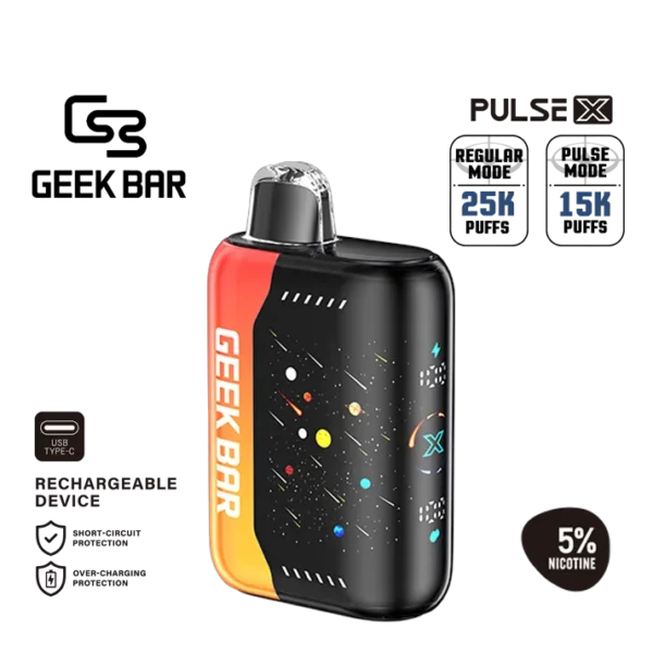 Geek Bar Pulse X Orange Dragon flavor profile — 오렌지 중심 블렌드와 안정적인 출력 밸런스를 보여주는 Pulse X 디바이스.