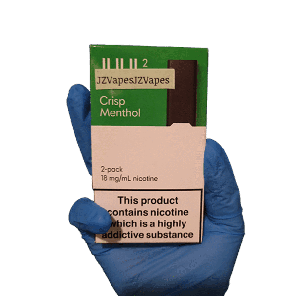 “Pure refreshing menthol hit with clean mint aroma — 차갑고 깨끗한 아이스 느낌을 담은 JUUL 2 Crisp Menthol 2팩 이미지.