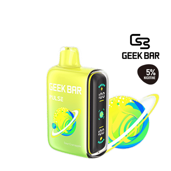 Bright sour apple candy vape image — 톡 쏘는 사과 산미와 가벼운 캔디 단맛의 대비가 살아 있는 Geek Bar Pulse 사워 크레인 애플 제품 이미지.