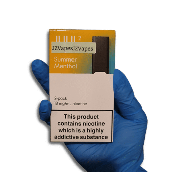 “Light refreshing menthol with breezy summer cool — 밝은 민트·블루 컬러와 산뜻한 여름 무드가 표현된 JUUL 2 Summer Menthol 팟 이미지.