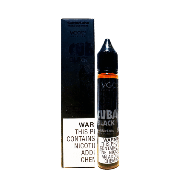 Bold dark cigar flavor with warm vanilla undertone — 블랙 톤 패키지와 시가 이미지를 연상시키는 Cubano Black SaltNic 제품 이미지