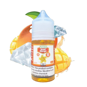 Sweet tropical mango profile with a fresh fruity aftertaste — 밝은 망고 톤 라벨과 주황 포인트가 어우러진 Pod Juice Jewel Mango vape bottle 이미지.