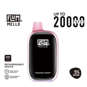 FLUM Mello 20k Sunshine Cherry flavor profile — 체리 향이 또렷하게 살아 있고 출력 안정감이 느껴지는 고퍼프 디바이스.