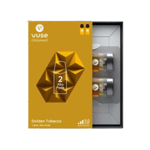 Soft warm tobacco mood 밝은 골든 톤으로 표현된 Vuse Alto Golden Tobacco 포드 패키지 이미지.