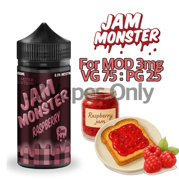 Raspberry by Jam Monster 100ml – tangy raspberry jam on buttery toast flavor, crafted for 3mg mod vaping