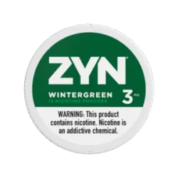 ZYN Wintergreen 3mg can image — ZYN 윈터그린 니코틴 파우치 캔, 15개입, light green label design, all-white tobacco-free pouch.