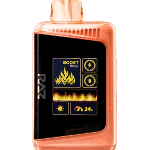 RAZ Georgia Peach DC 25K — 달콤한 복숭아 향이 퍼지는 디스포저블 베이프, 투명 오렌지 바디에 디지털 스크린 ‘BOOST Mode’가 표시된 sleek vape device.