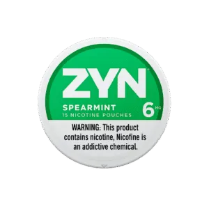 ZYN Spearmint 6mg 니코틴 파우치 (15개입) — authentic Swedish Match nicotine pouch with refreshing spearmint flavor and clean all-white design.