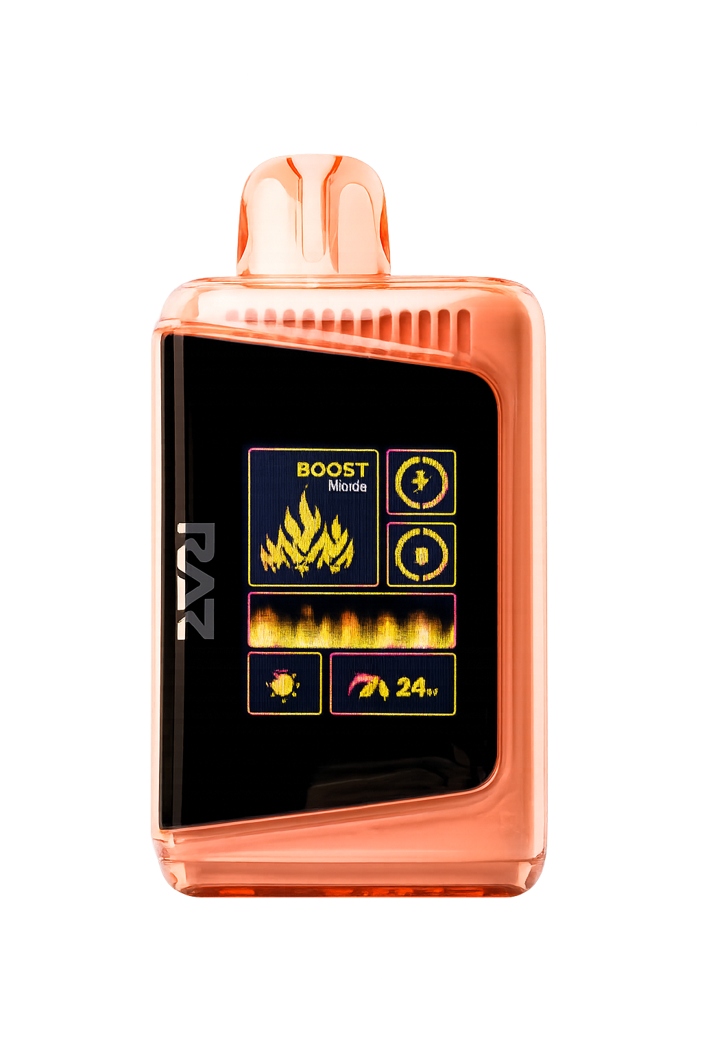 RAZ Georgia Peach DC 25K — 달콤한 복숭아 향이 퍼지는 디스포저블 베이프, 투명 오렌지 바디에 디지털 스크린 ‘BOOST Mode’가 표시된 sleek vape device.