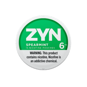 ZYN Spearmint 6mg 니코틴 파우치 (15개입) — authentic Swedish Match nicotine pouch with refreshing spearmint flavor and clean all-white design.