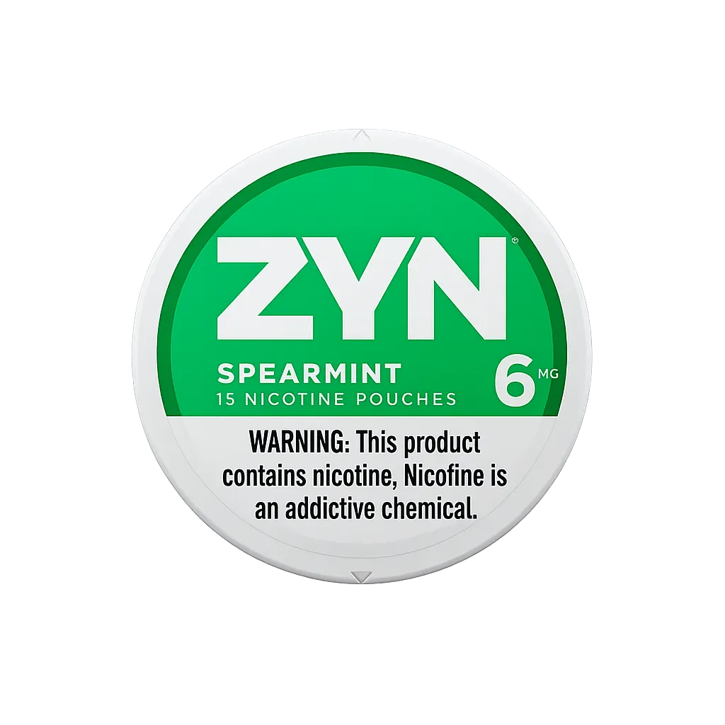 ZYN Spearmint 6mg 니코틴 파우치 (15개입) — authentic Swedish Match nicotine pouch with refreshing spearmint flavor and clean all-white design.