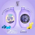 FLUM UT BAR 50K Blue Rancher Lemonade 50mg disposable vape with dual flavor system, USB-C rechargeable battery, and up to 50,000 puffs