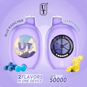 FLUM UT BAR 50K Blue Rancher Lemonade 50mg disposable vape with dual flavor system, USB-C rechargeable battery, and up to 50,000 puffs